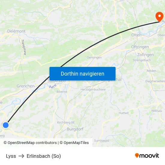 Lyss to Erlinsbach (So) map