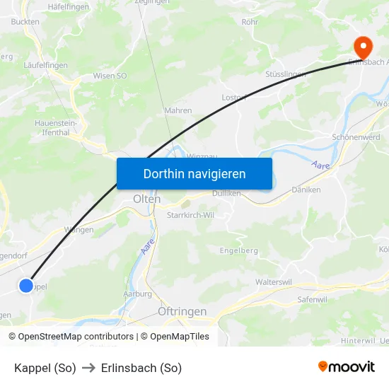 Kappel (So) to Erlinsbach (So) map