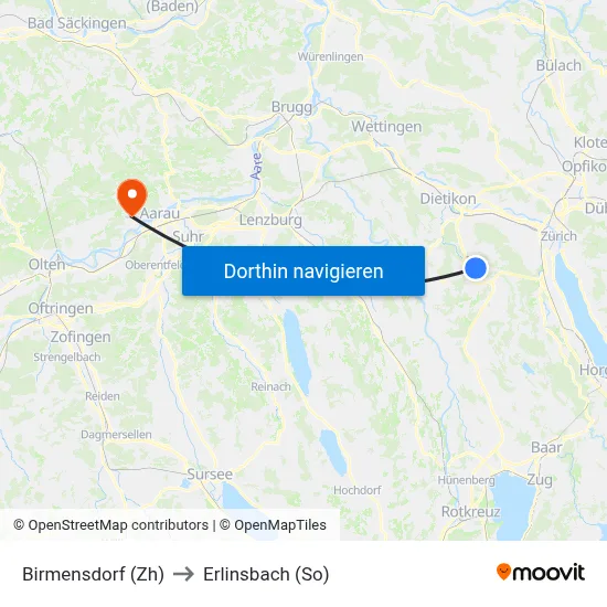 Birmensdorf (Zh) to Erlinsbach (So) map