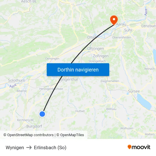 Wynigen to Erlinsbach (So) map