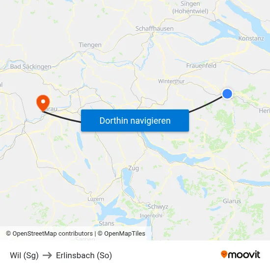 Wil (Sg) to Erlinsbach (So) map