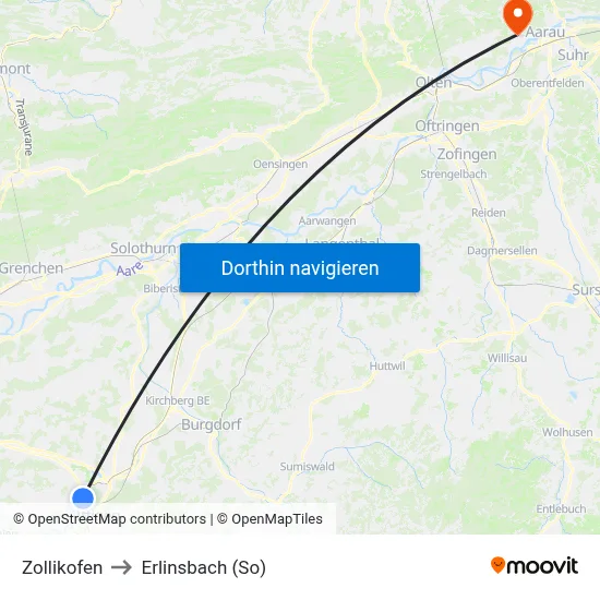 Zollikofen to Erlinsbach (So) map