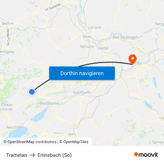 Tramelan to Erlinsbach (So) map