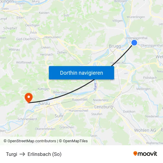 Turgi to Erlinsbach (So) map