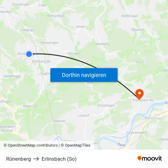 Rünenberg to Erlinsbach (So) map