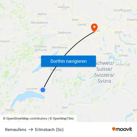 Remaufens to Erlinsbach (So) map