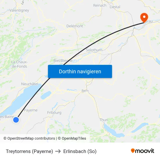 Treytorrens (Payerne) to Erlinsbach (So) map