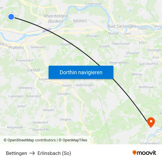 Bettingen to Erlinsbach (So) map