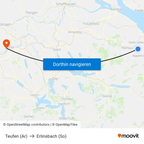 Teufen (Ar) to Erlinsbach (So) map