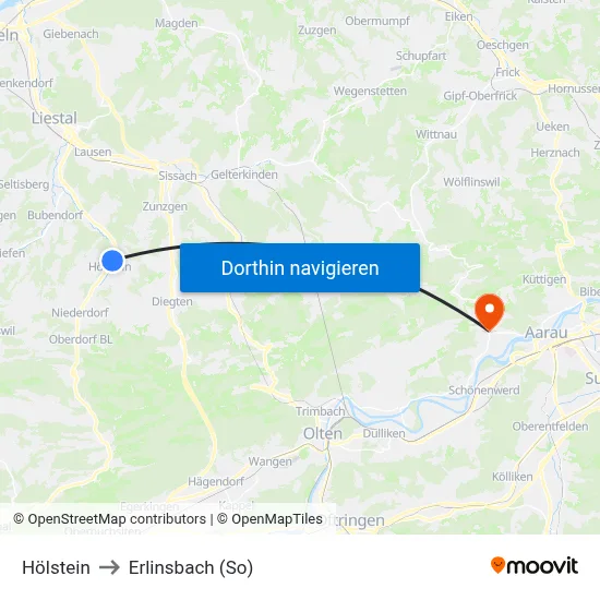 Hölstein to Erlinsbach (So) map