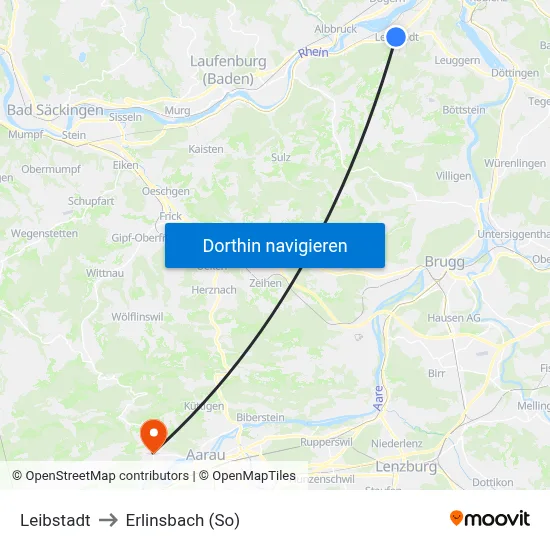 Leibstadt to Erlinsbach (So) map
