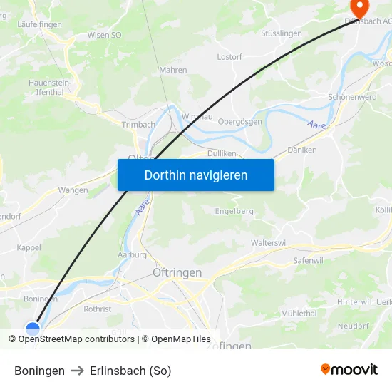 Boningen to Erlinsbach (So) map