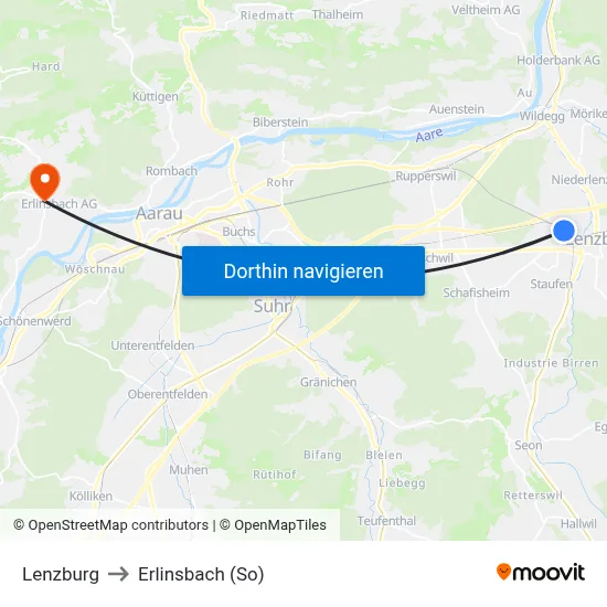 Lenzburg to Erlinsbach (So) map