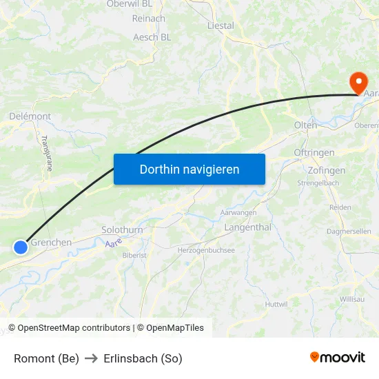 Romont (Be) to Erlinsbach (So) map