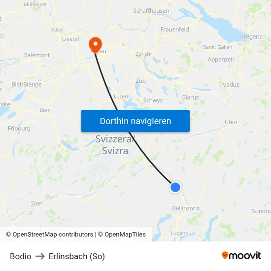 Bodio to Erlinsbach (So) map