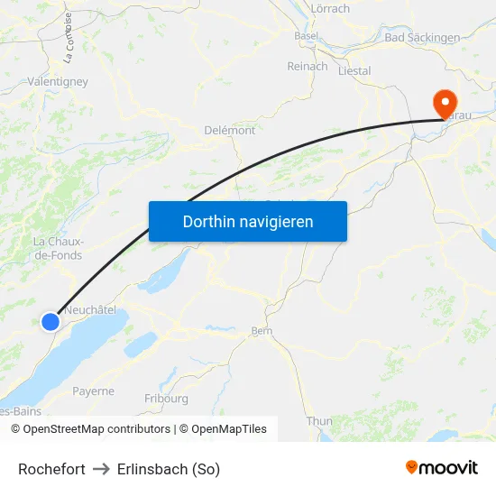 Rochefort to Erlinsbach (So) map