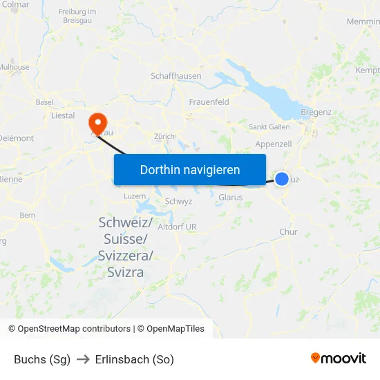 Buchs (Sg) to Erlinsbach (So) map