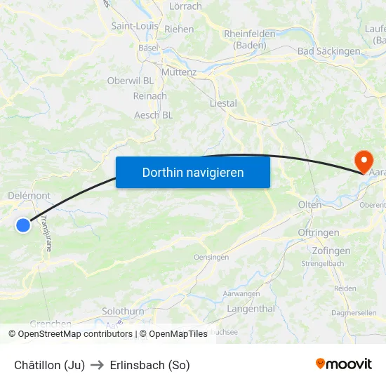 Châtillon (Ju) to Erlinsbach (So) map