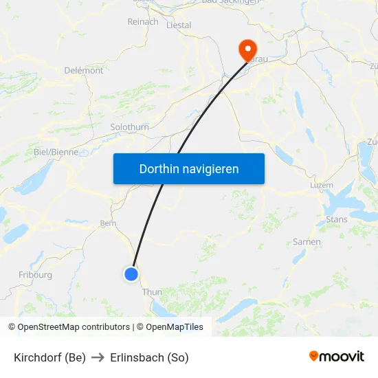 Kirchdorf (Be) to Erlinsbach (So) map