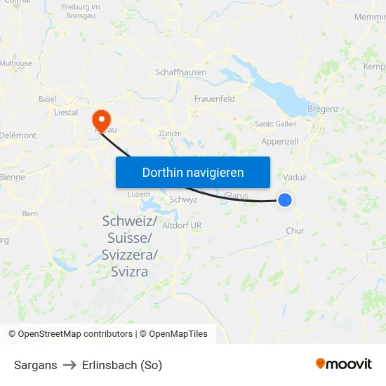 Sargans to Erlinsbach (So) map