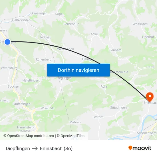 Diepflingen to Erlinsbach (So) map