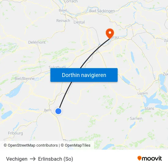 Vechigen to Erlinsbach (So) map