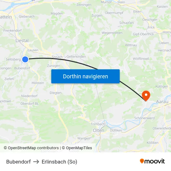 Bubendorf to Erlinsbach (So) map