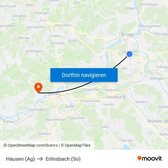 Hausen (Ag) to Erlinsbach (So) map