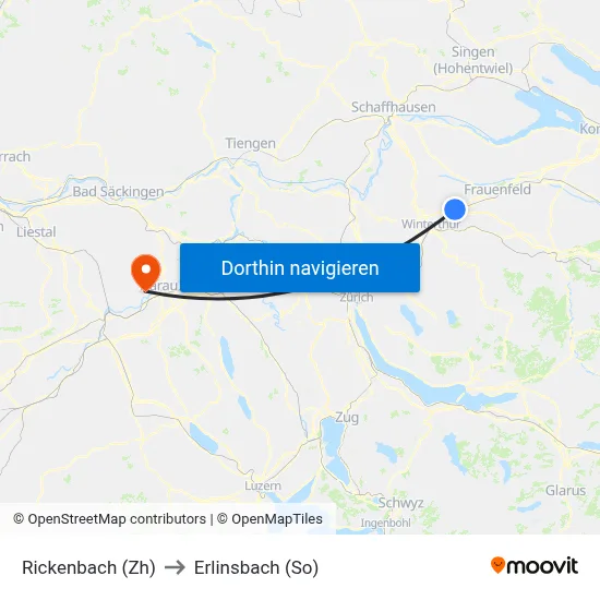 Rickenbach (Zh) to Erlinsbach (So) map