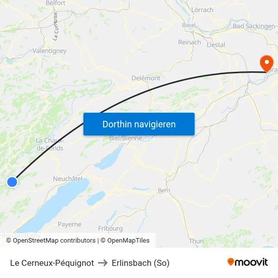 Le Cerneux-Péquignot to Erlinsbach (So) map