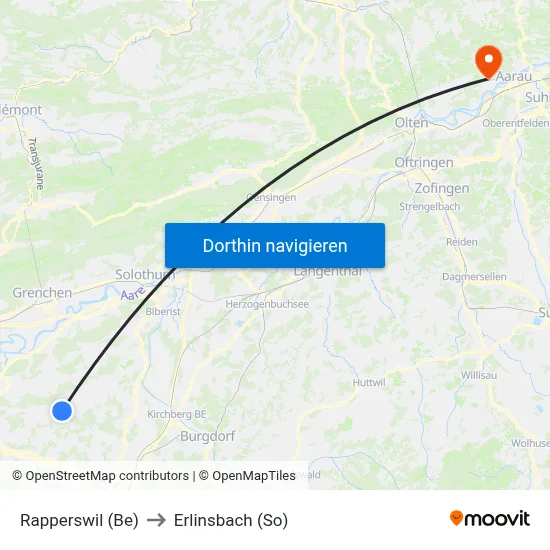 Rapperswil (Be) to Erlinsbach (So) map