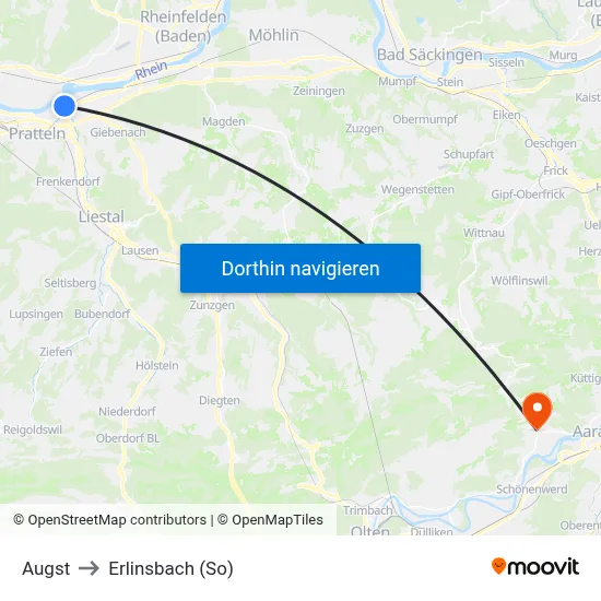 Augst to Erlinsbach (So) map