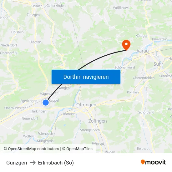Gunzgen to Erlinsbach (So) map