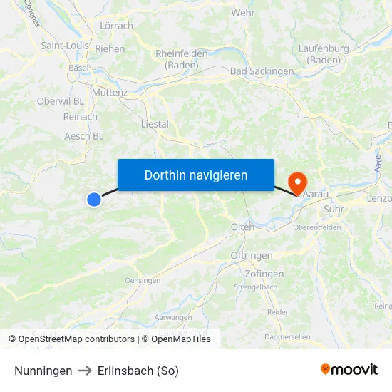 Nunningen to Erlinsbach (So) map