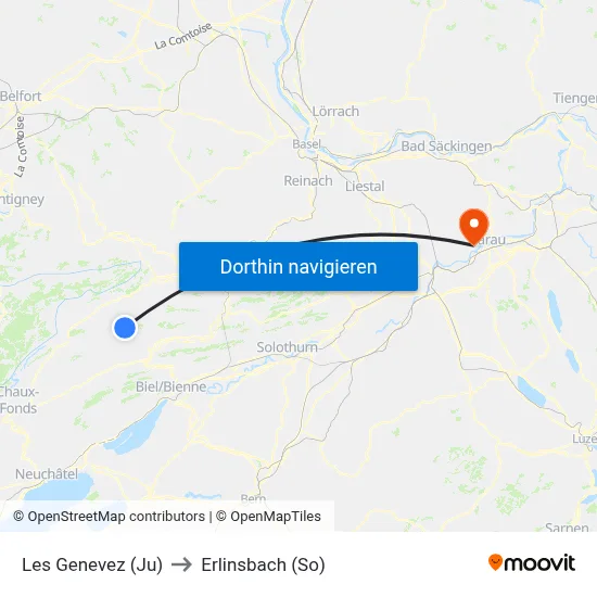Les Genevez (Ju) to Erlinsbach (So) map