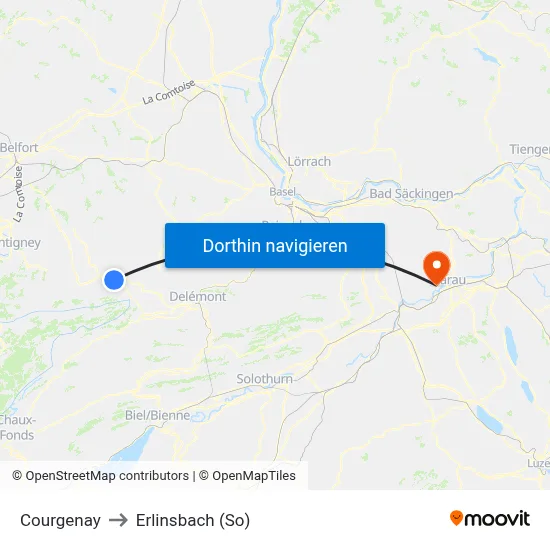 Courgenay to Erlinsbach (So) map
