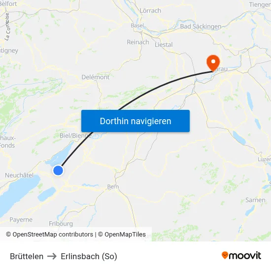 Brüttelen to Erlinsbach (So) map