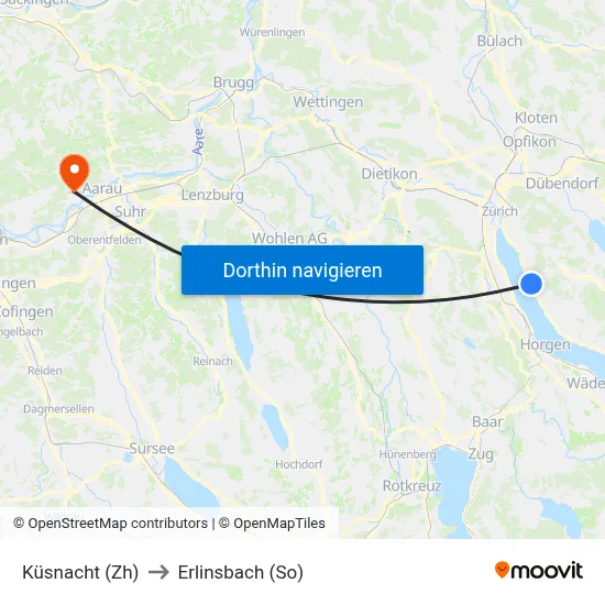 Küsnacht (Zh) to Erlinsbach (So) map