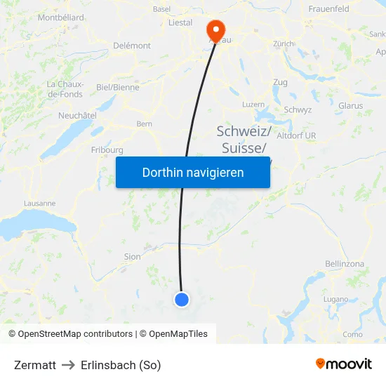 Zermatt to Erlinsbach (So) map
