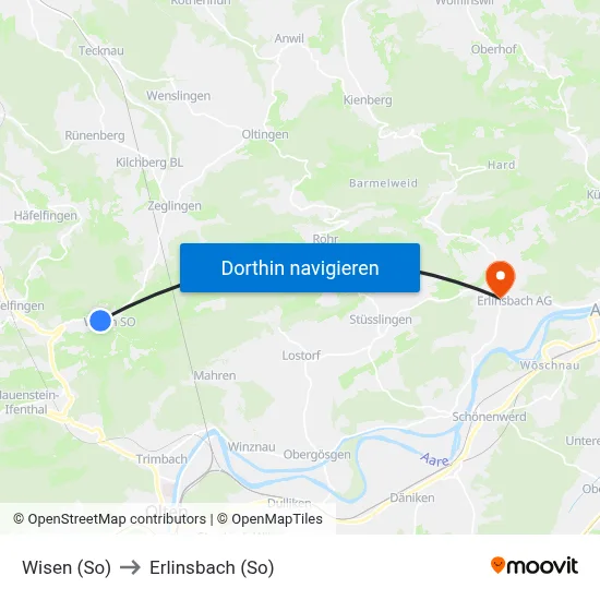 Wisen (So) to Erlinsbach (So) map