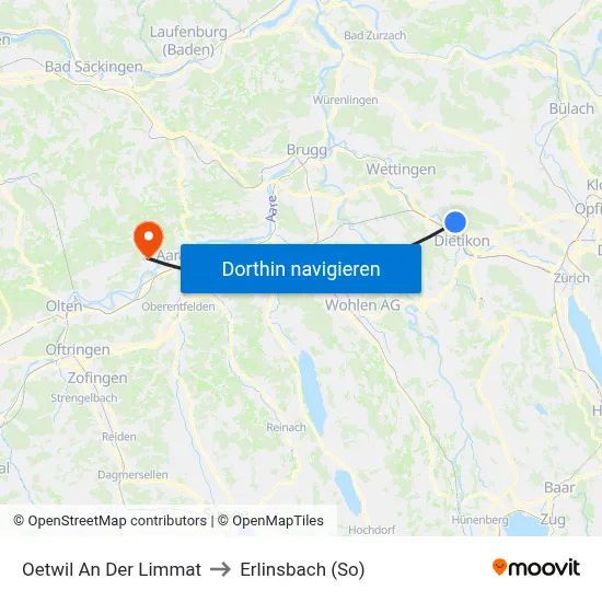 Oetwil An Der Limmat to Erlinsbach (So) map