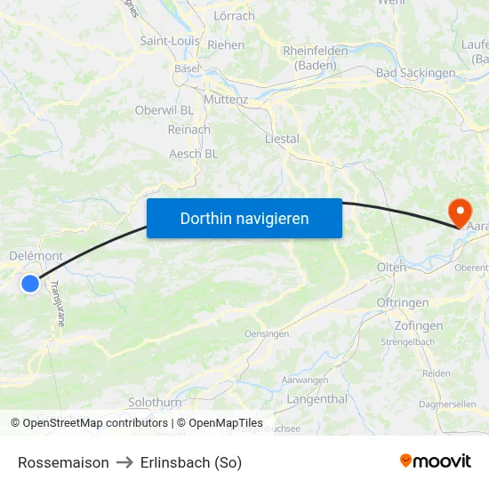 Rossemaison to Erlinsbach (So) map