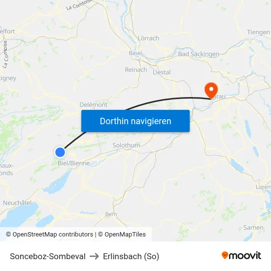 Sonceboz-Sombeval to Erlinsbach (So) map