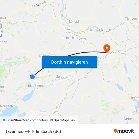 Tavannes to Erlinsbach (So) map