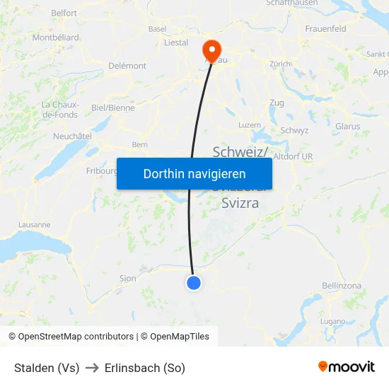 Stalden (Vs) to Erlinsbach (So) map