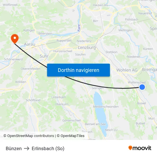 Bünzen to Erlinsbach (So) map