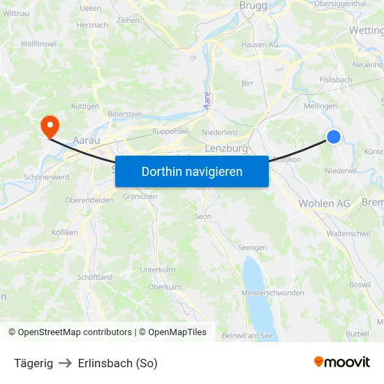 Tägerig to Erlinsbach (So) map