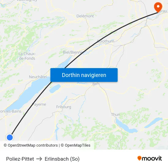 Poliez-Pittet to Erlinsbach (So) map