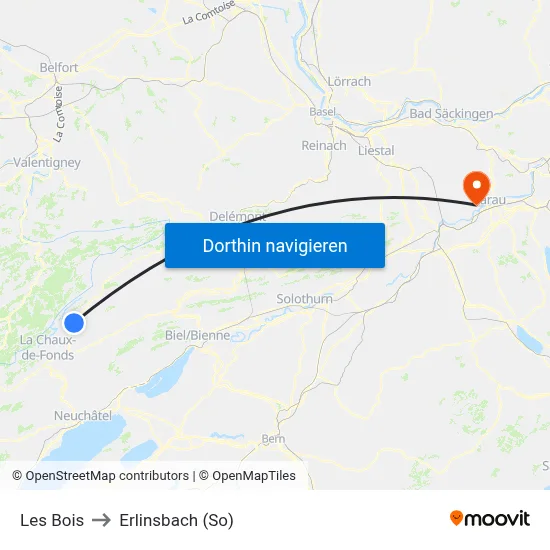 Les Bois to Erlinsbach (So) map