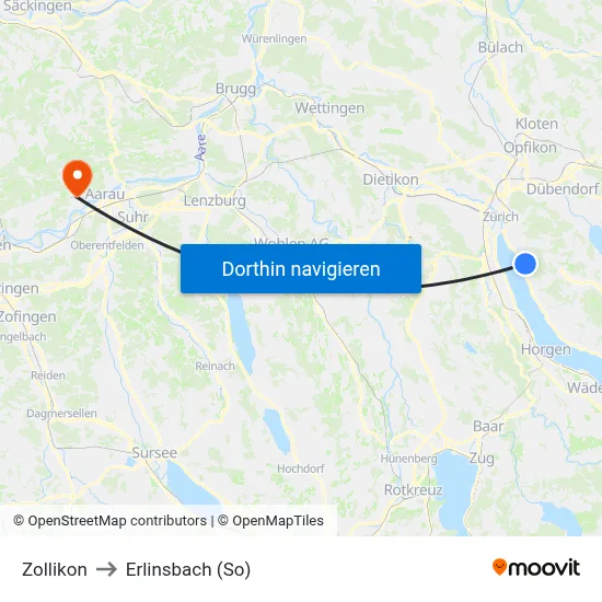 Zollikon to Erlinsbach (So) map